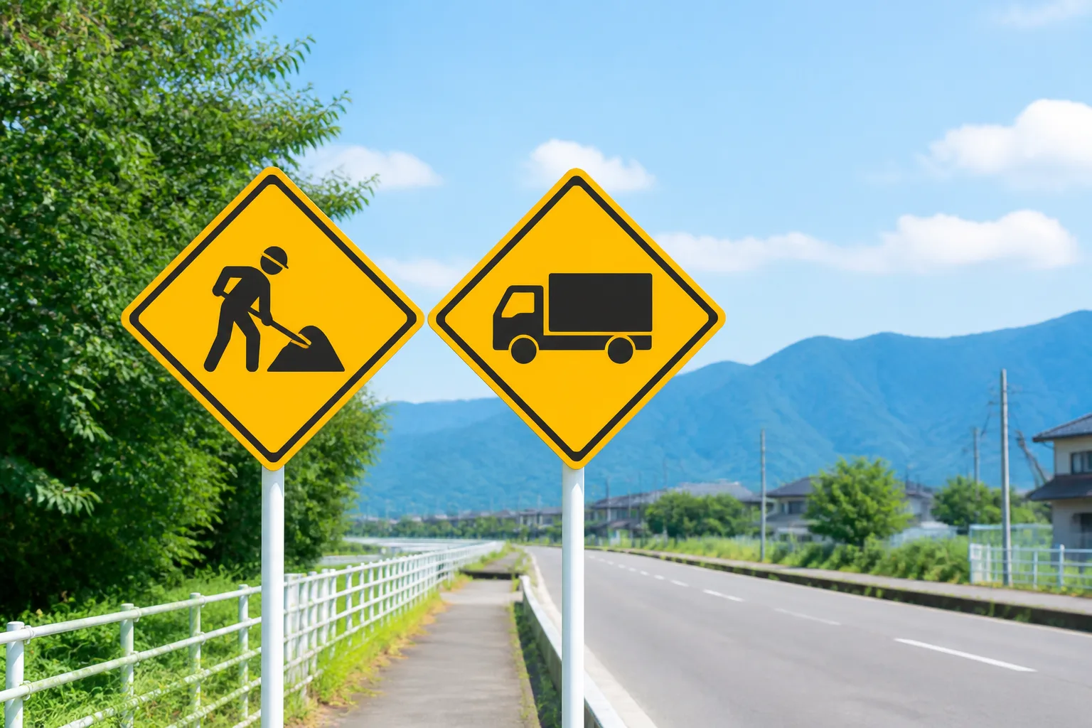 似た形だが異なる意味を示す2本の道路標識が並んで立っている様子