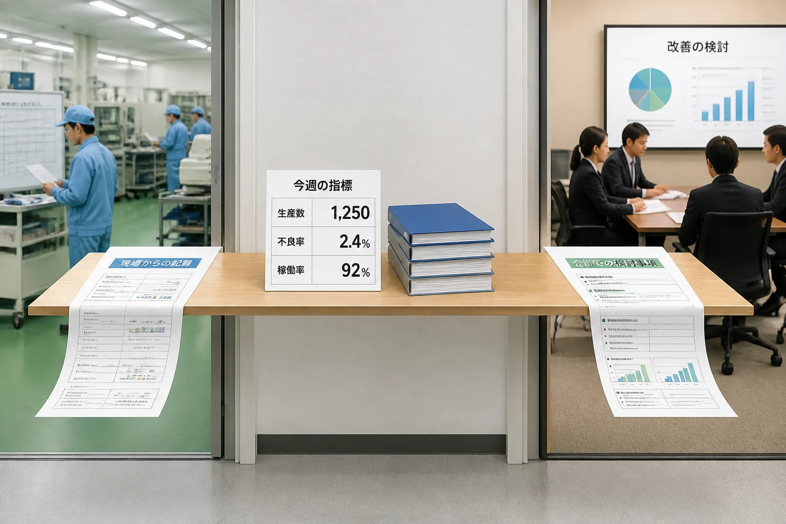 現場の運用実態と経営側の標準をつなぐ橋渡し役の存在を示した概念的な情景