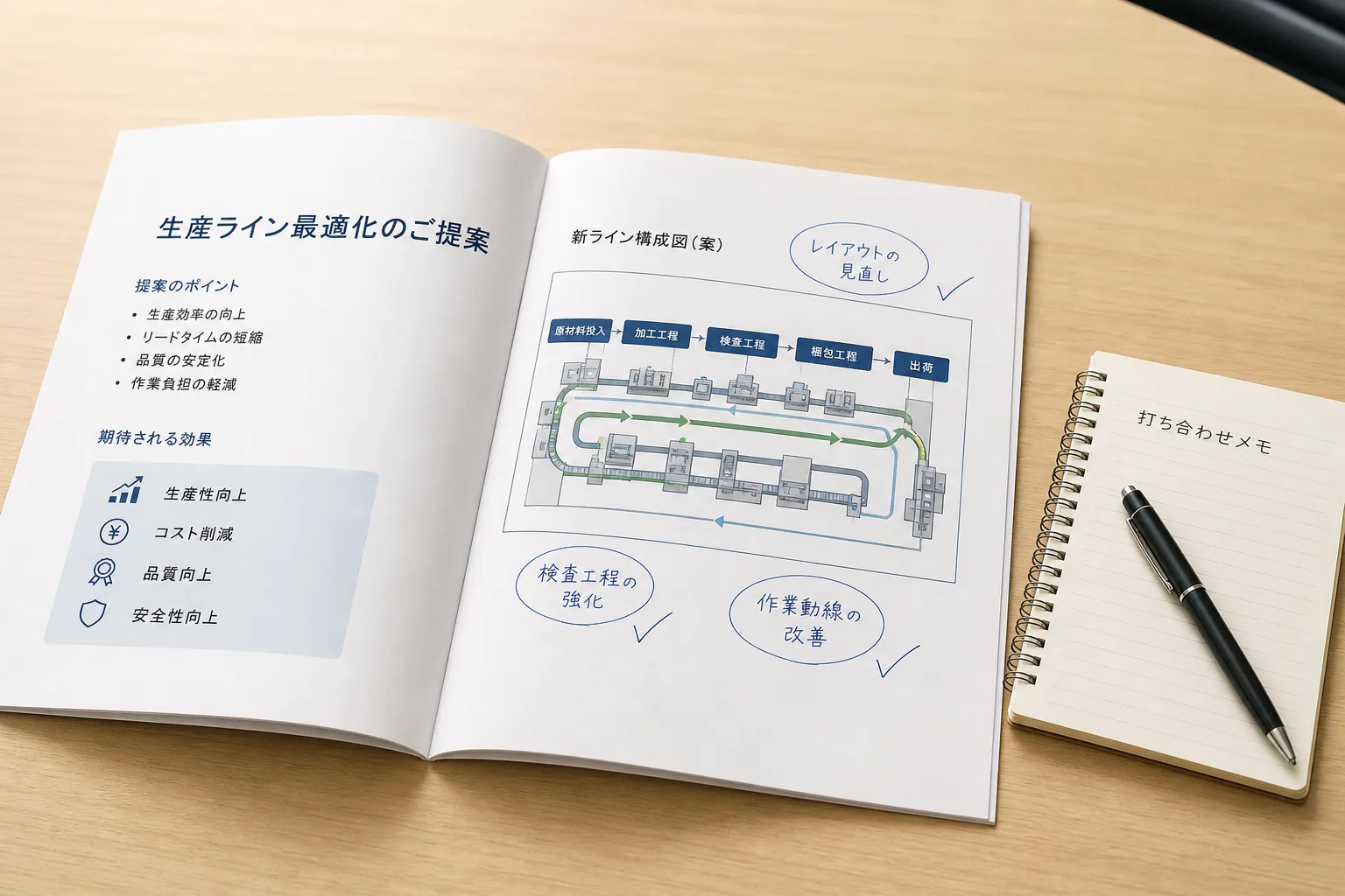 工場のライン図が載った提案書のページに、手書きの丸印とチェックマークが書き込まれている様子。業務改善コンサルタントが提案の対象範囲を検討している場面を表す
