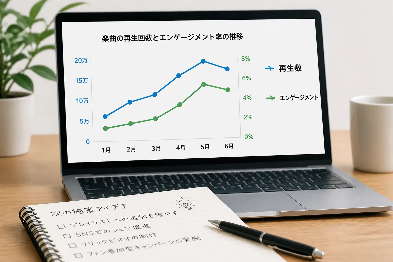再生回数とエンゲージメント率の折れ線グラフを分析する情景、ストリーミング時代のデータ分析スキルを表す