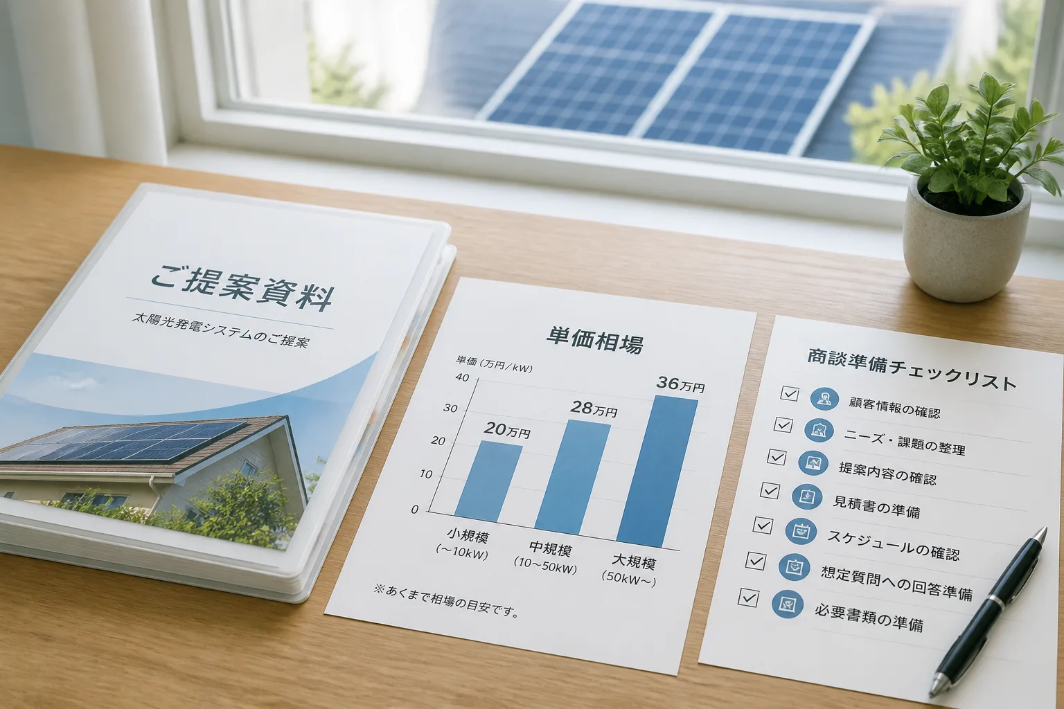 提案資料のファイルと単価相場の棒グラフ、商談準備のチェックリストが机に並ぶ静物イメージ