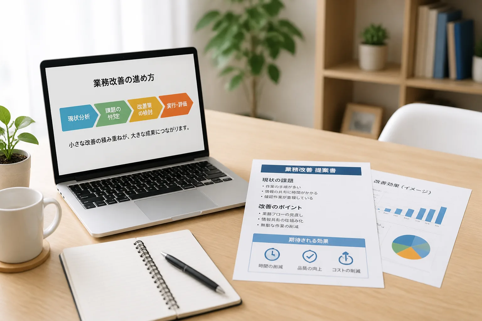 PMO支援の現場でノートパソコンと資料を広げて作業を進めている様子