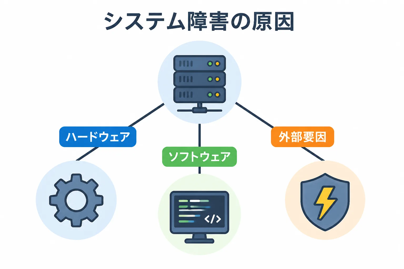 システム障害の原因を3系統(ハードウェア・ソフトウェア・外部要因)に分類した相関図