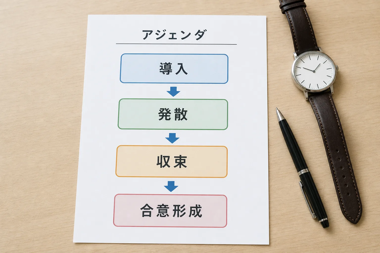 導入・発散・収束・合意形成の4段階が矢印でつながれたアジェンダ用紙と、脇に置かれた腕時計とペン