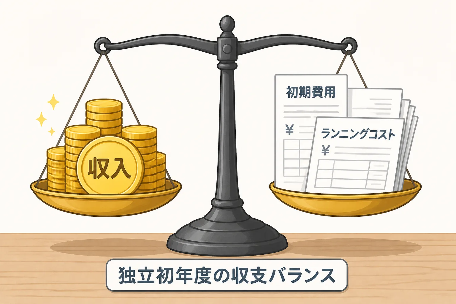 収入と初期費用・ランニングコストを天秤で対比し、独立初年度の収支バランスを示す図解