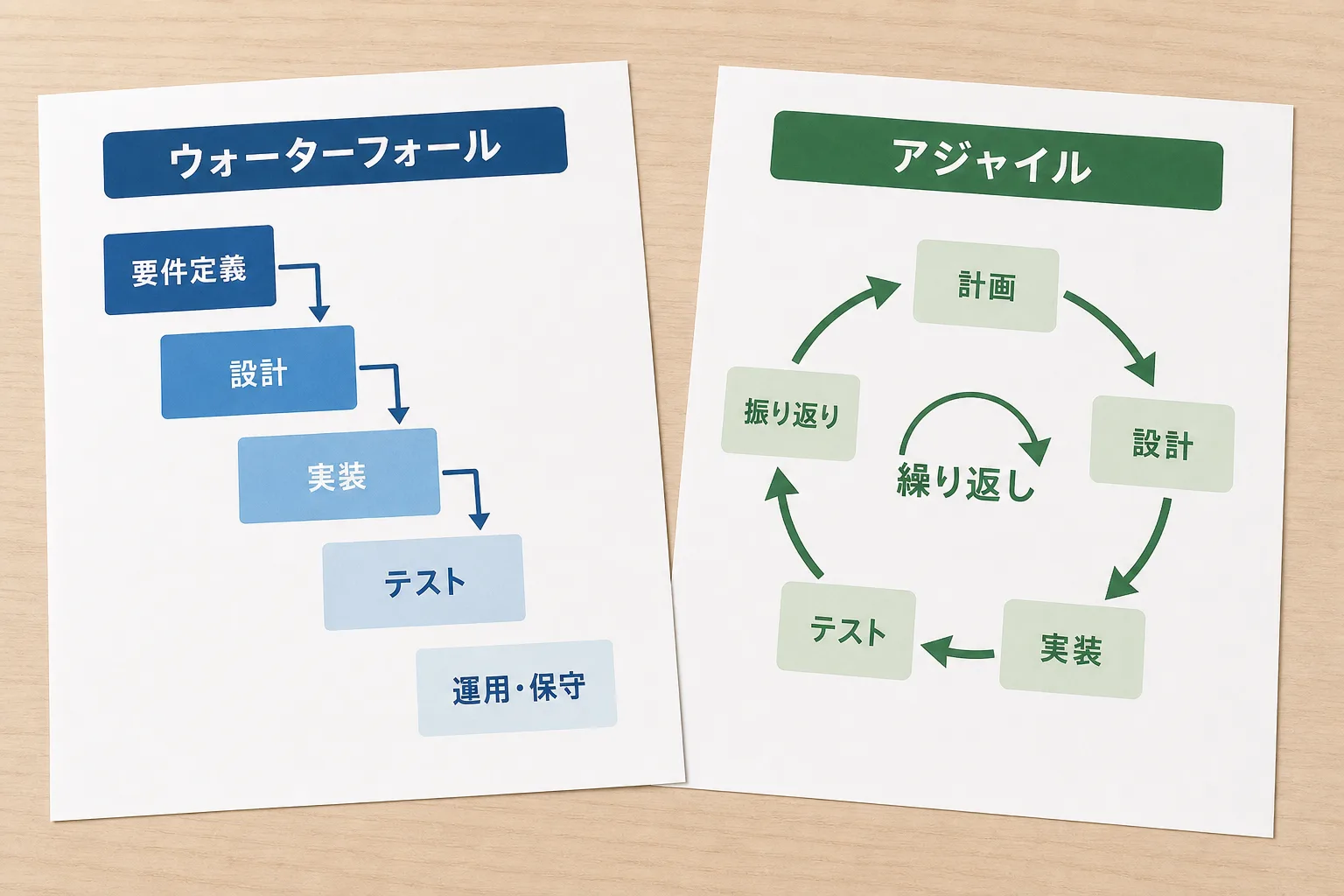 ウォーターフォール開発の一直線の工程図とアジャイル開発の反復する工程図を並べて比較した図