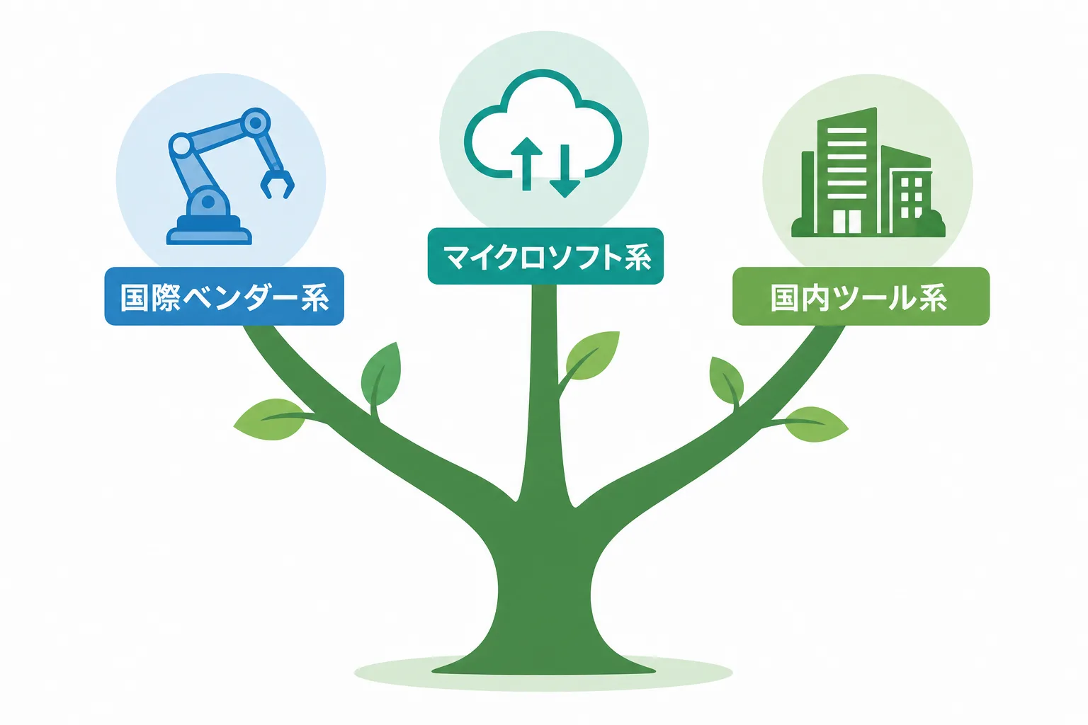 RPA資格が『国際ベンダー系』『マイクロソフト系』『国内ツール系』の3系統に分かれることを示す樹形図イラスト