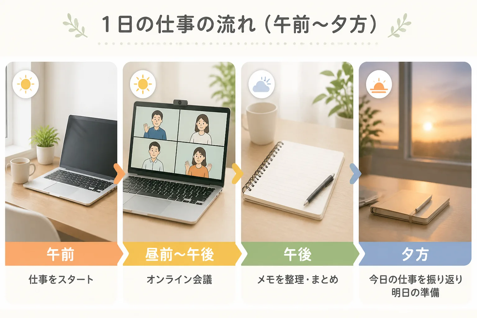 リモートワークの1日を午前・午後・夕方の3ブロックで示すタイムライン図