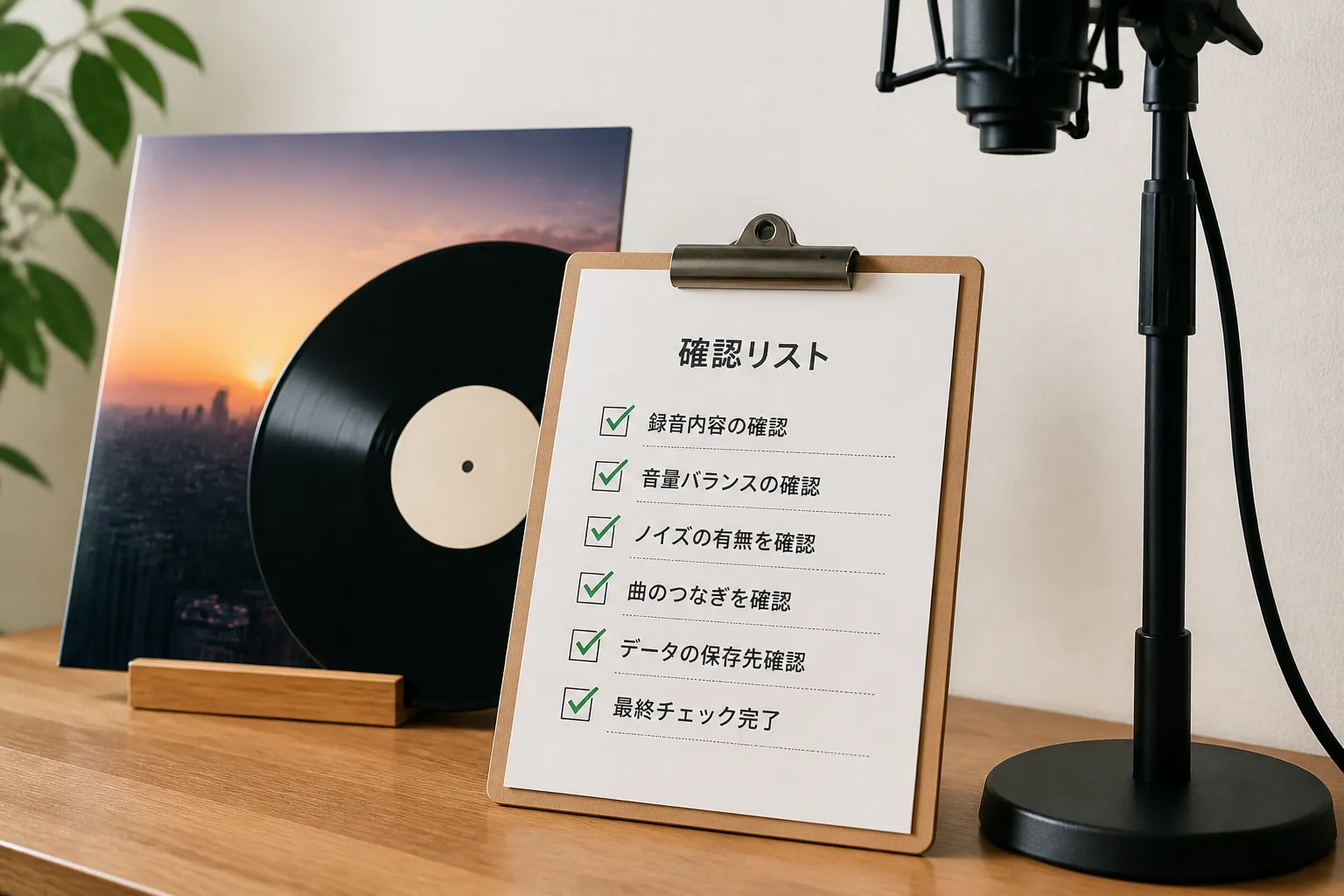 レコードジャケットとマイクスタンド、チェックマーク付きクリップボードが並ぶ情景。案件を見極めるチェックポイントを象徴する構図。
