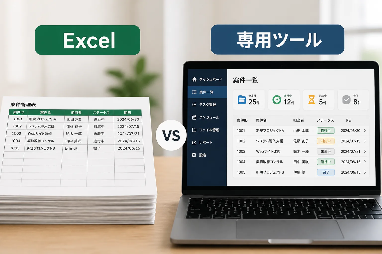 Excelでの管理と専用ツールでの管理を左右に比較した図解