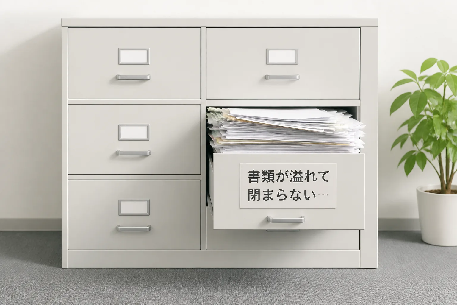 ひとつの引き出しだけに書類が集中し他の引き出しは空になっているキャビネット、属人化で業務が一人に偏っている状態を表すイメージ