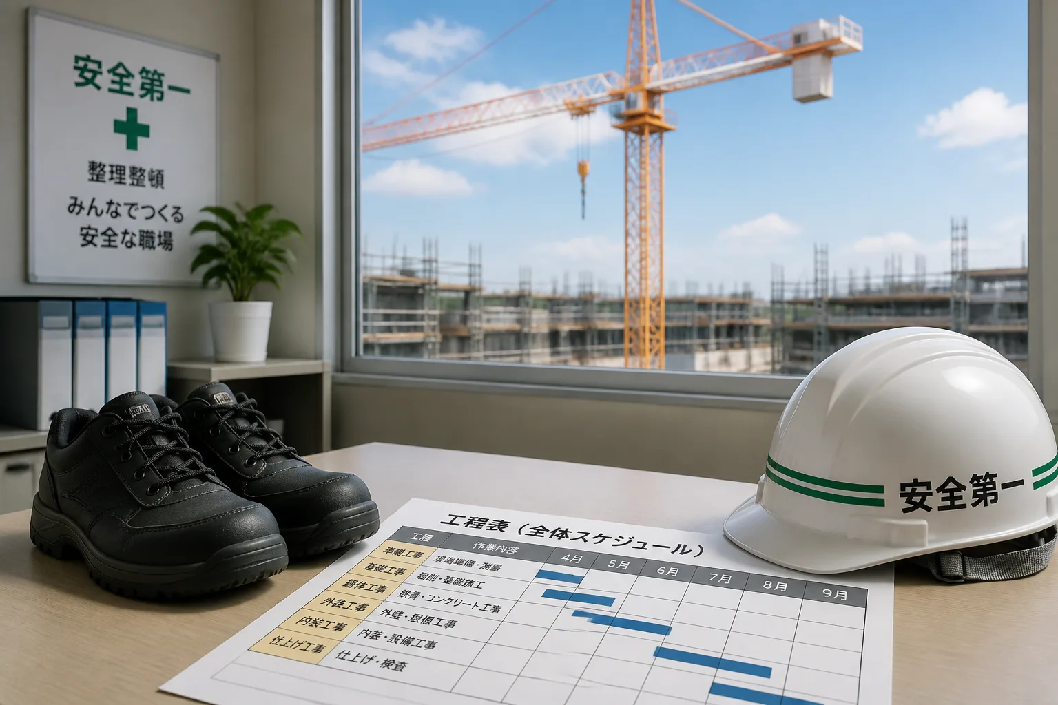 安全靴と工程表が置かれた現場事務所の机、窓の外に建設クレーンが見える様子
