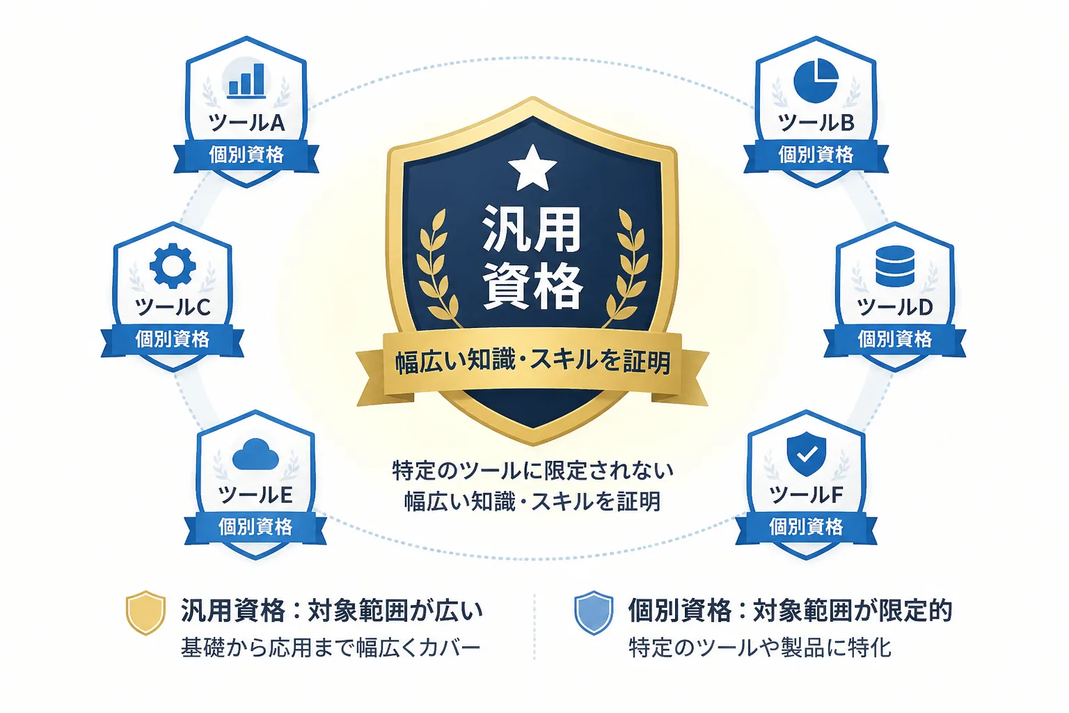 汎用資格バッジと個別ツール向け資格バッジの違いを示す図