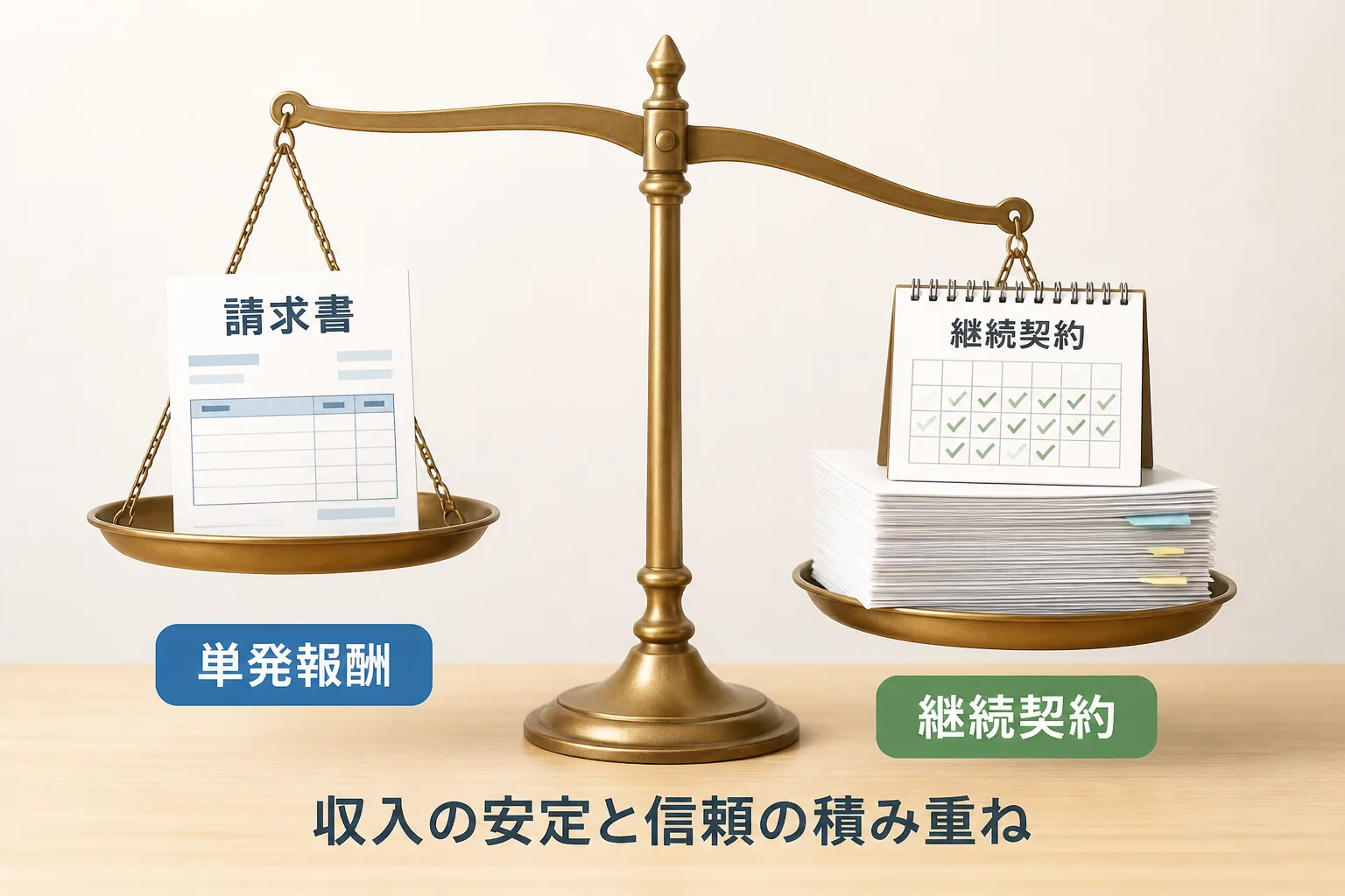 単発の請求書と、継続契約を示すカレンダー・書類の束を天秤で対比した図解