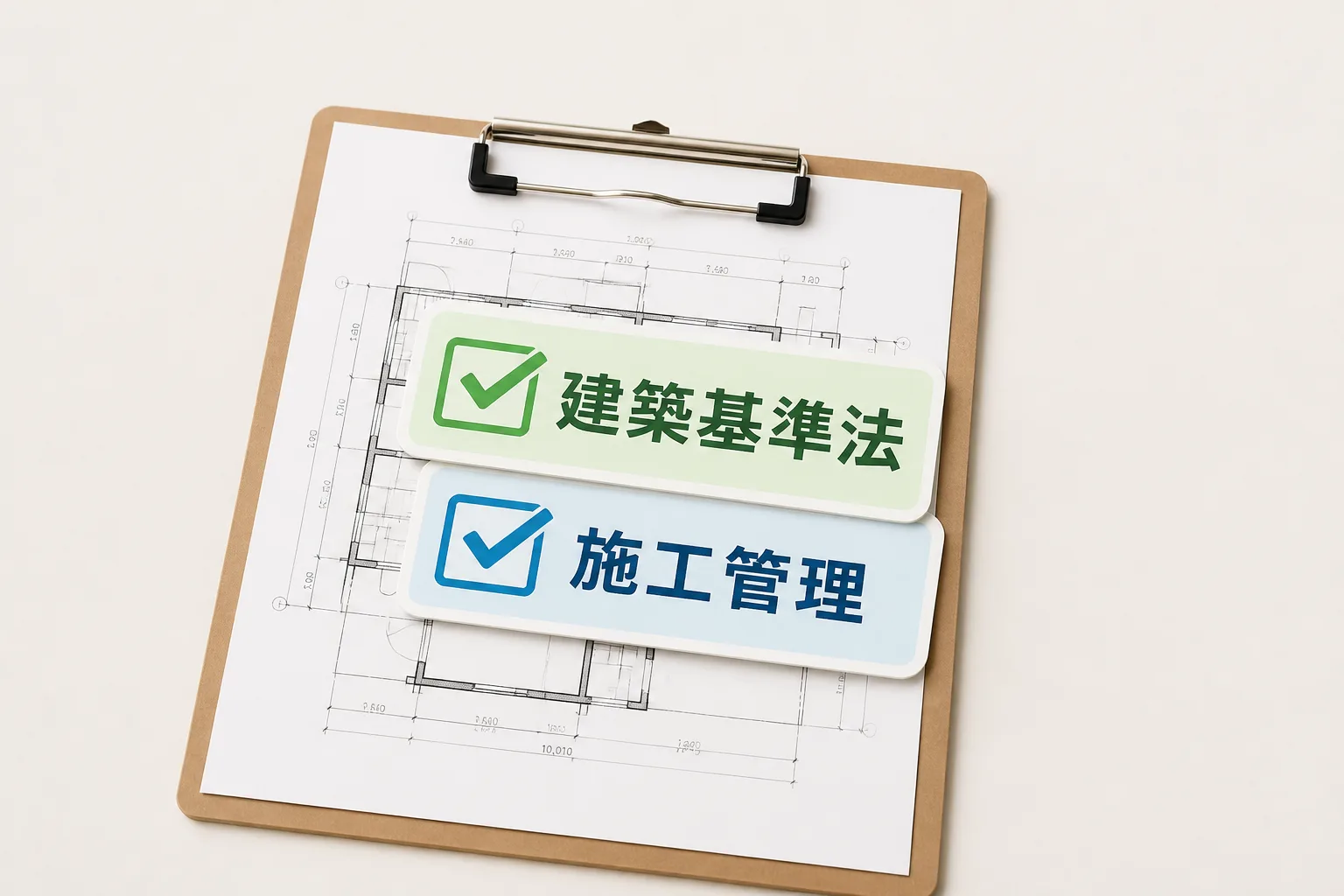 建築基準法の理解と施工管理の実務理解という2つの確認ポイントを示すチェックリスト風の図解。