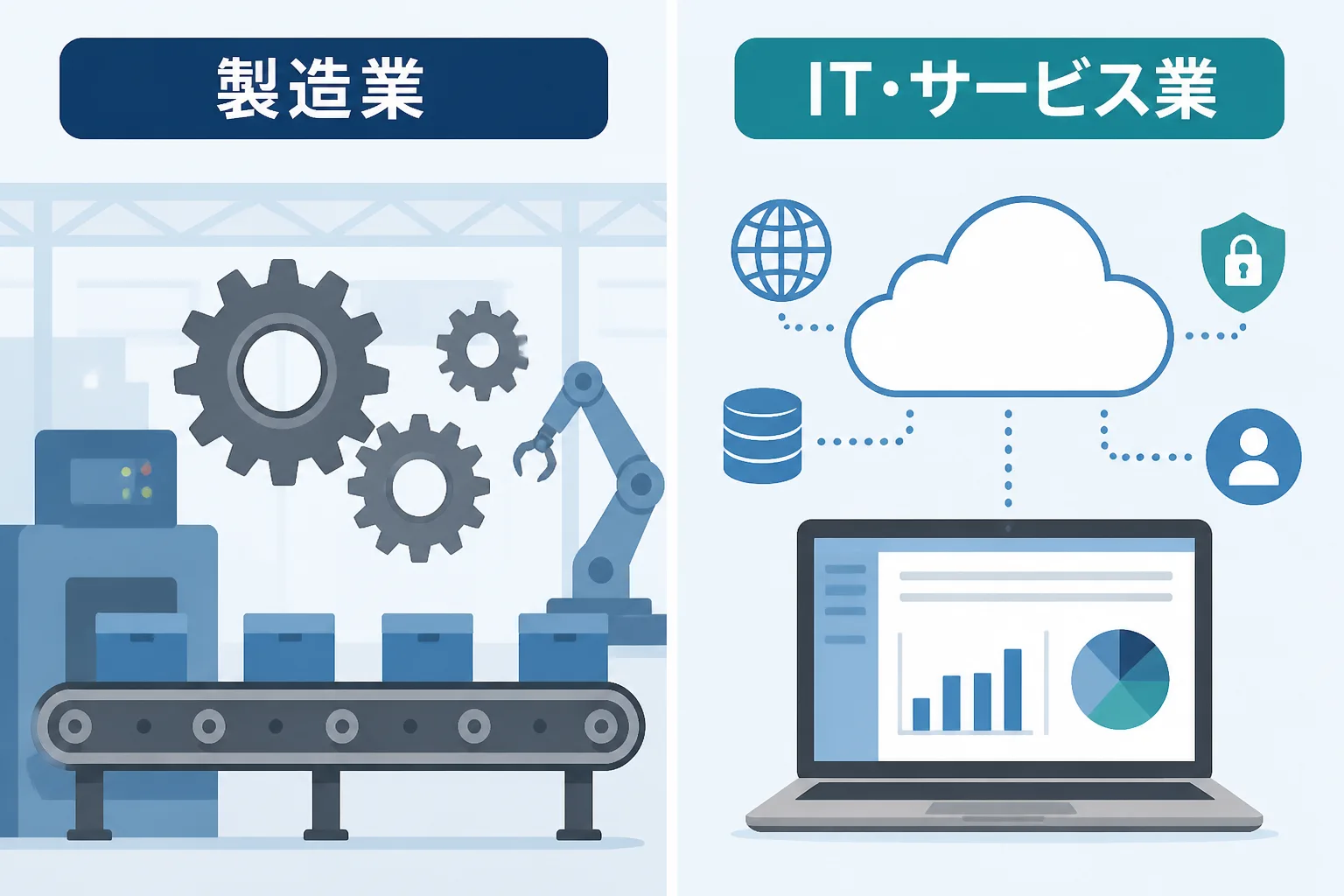製造業とIT・サービス業を左右に並べて比較する図解。左に工場の歯車とベルトコンベア、右にノートパソコンとクラウドのアイコンが描かれ、それぞれ「製造業」「IT・サービス業」とラベルされている