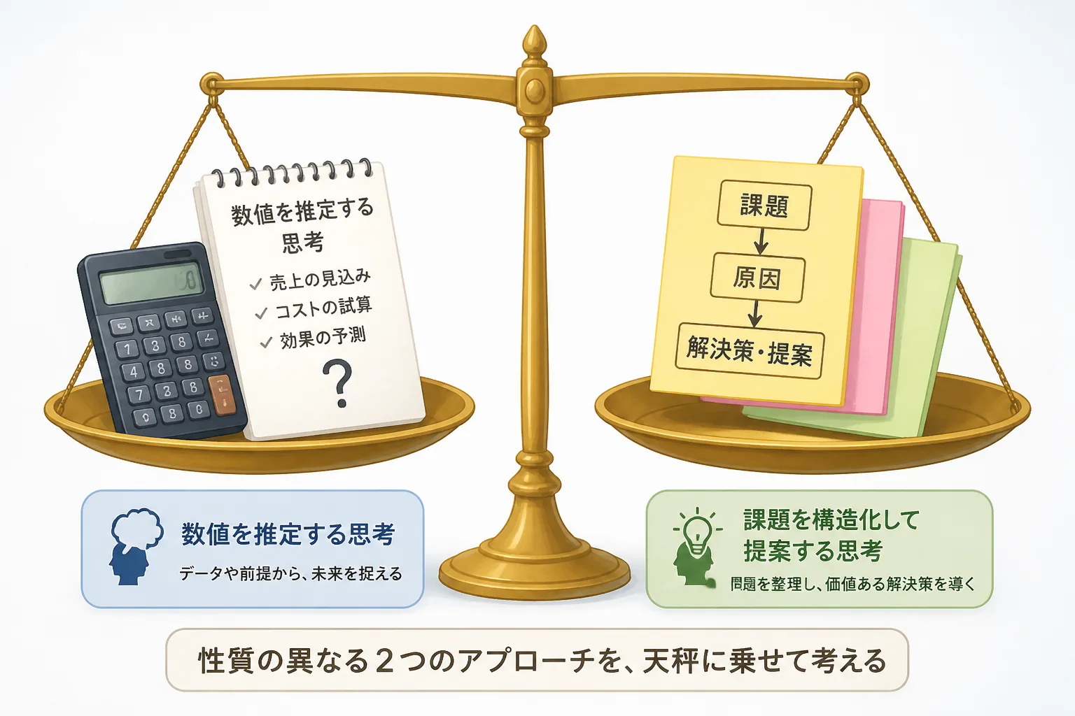 天秤の左の皿に電卓と数字のメモ、右の皿に矢印でつながる付箋が乗っている構図。数値推定と課題構造化という2つの思考アプローチを対比させる情景