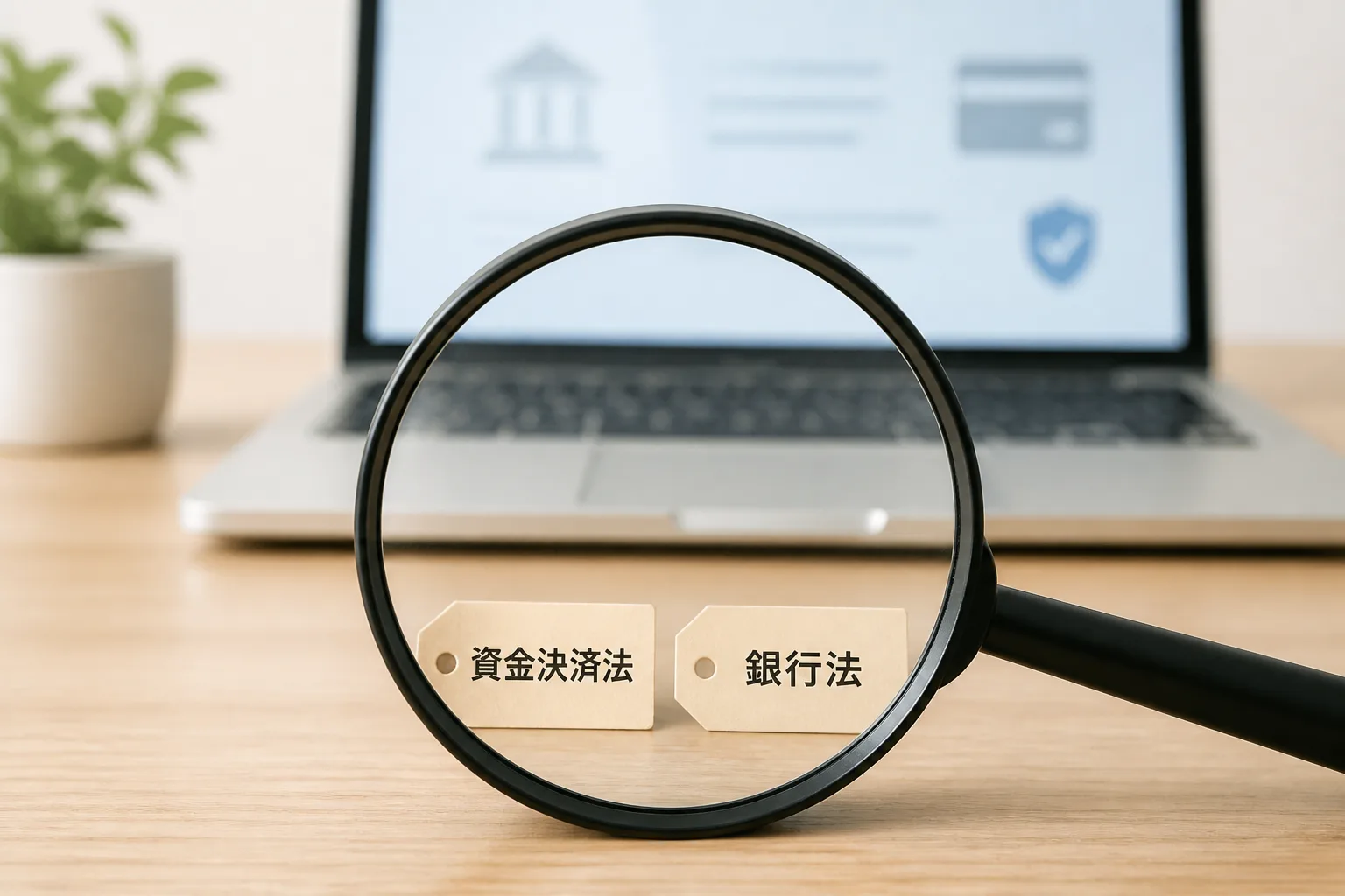 資金決済法・銀行法という金融規制の実務理解を虫眼鏡で確認することを示す図解。