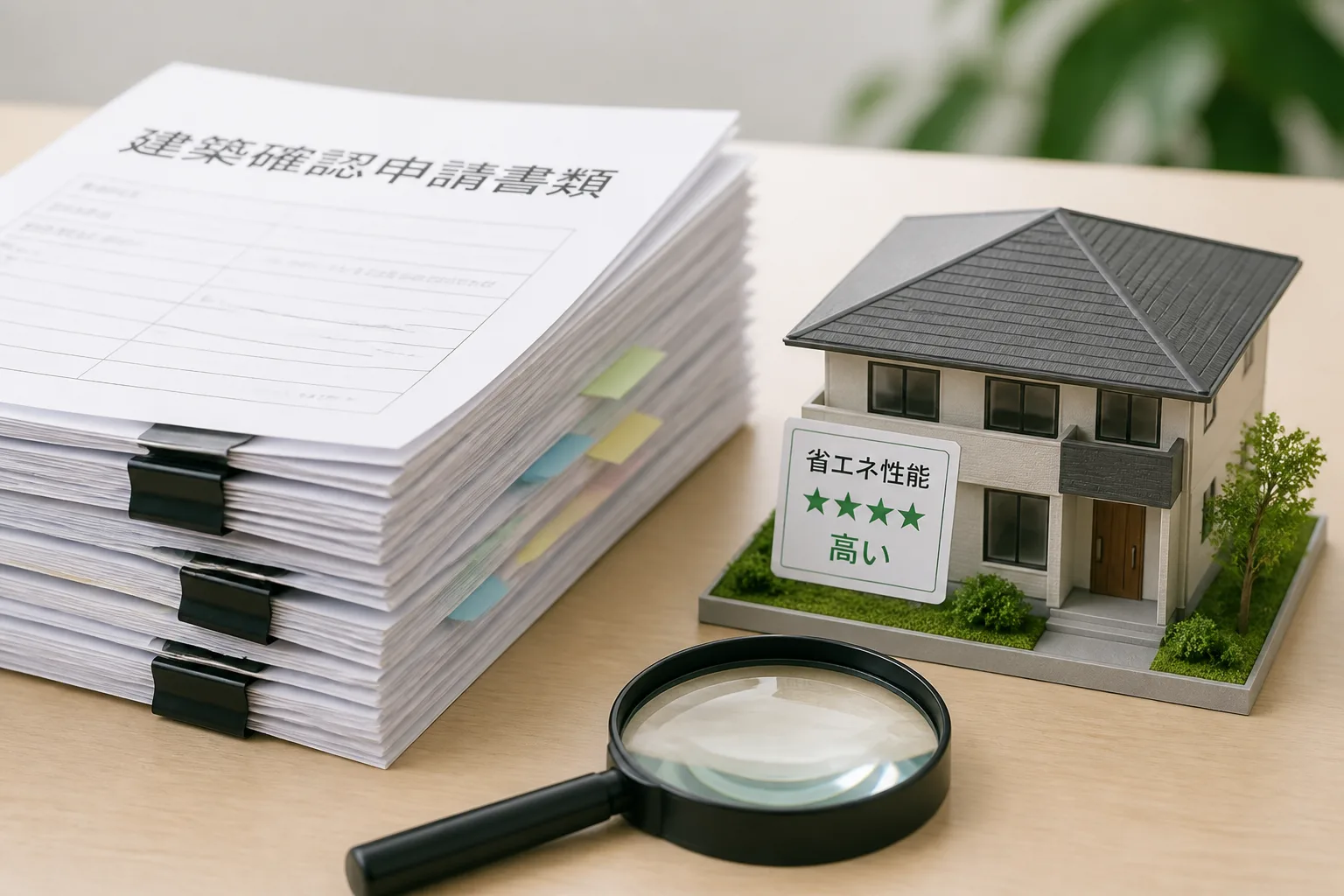 省エネ基準適合の義務化など建築分野の需要動向を象徴する、建物模型と申請書類の図