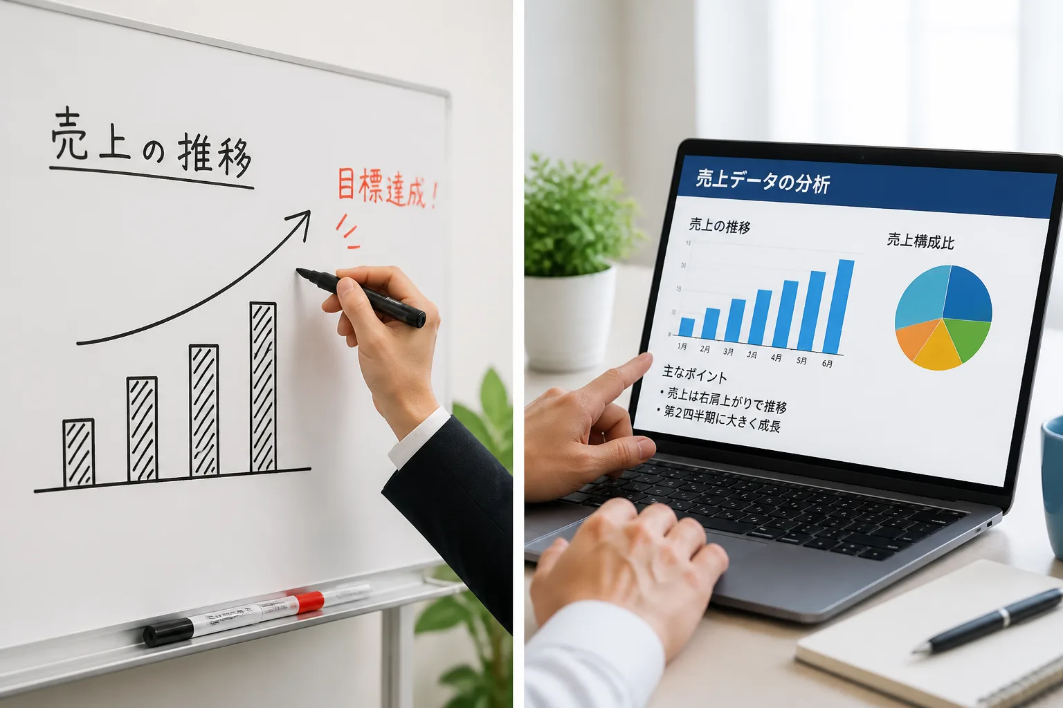 経営層向けの説明資料と現場担当者向けの操作画面という2つの説明シーンが並ぶイメージ