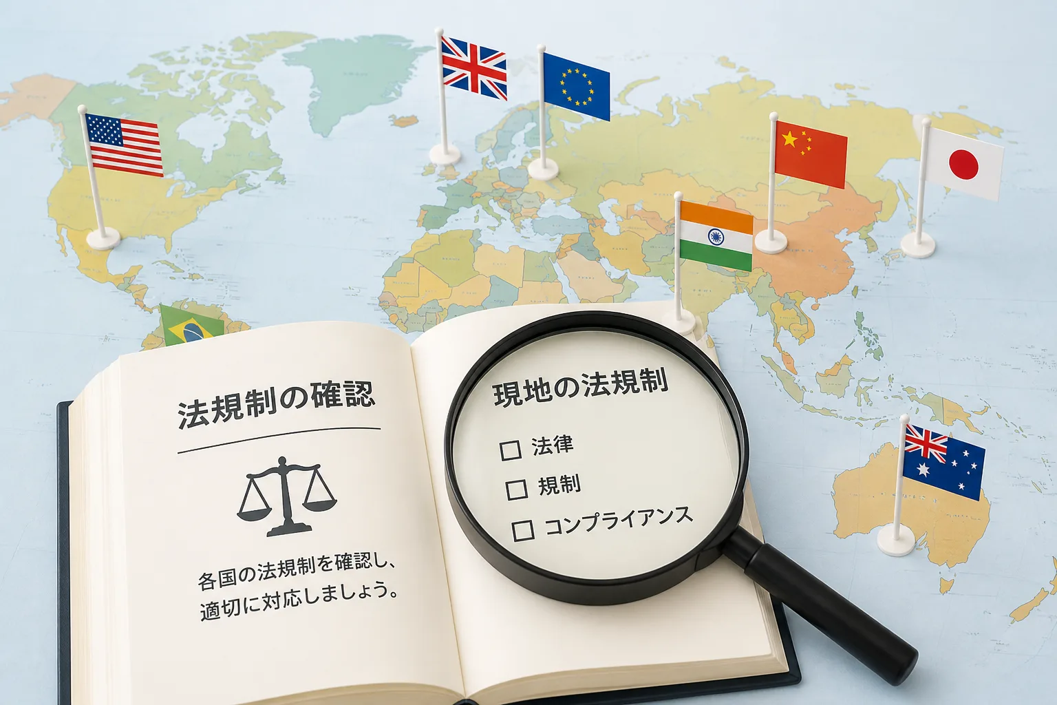 各国の国旗と法律書を組み合わせ、現地の法規制・商習慣の確認が独立後のリスク対策になることを示すイメージ