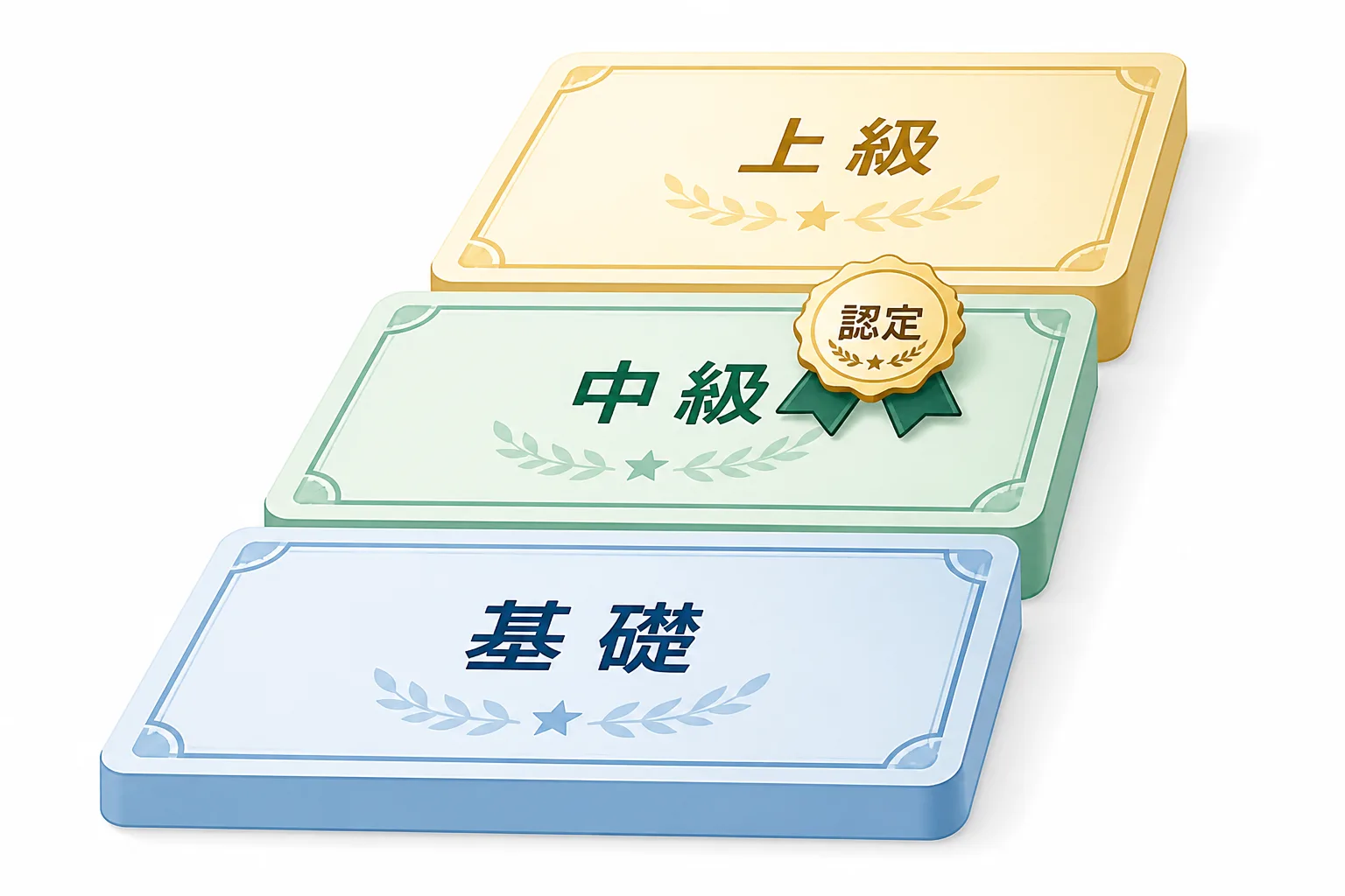 DXパスポート(基礎)・DX推進アドバイザー(中級)・DXオフィサー(上級)の3段階の試験体系を積み重なったカードで示した図解