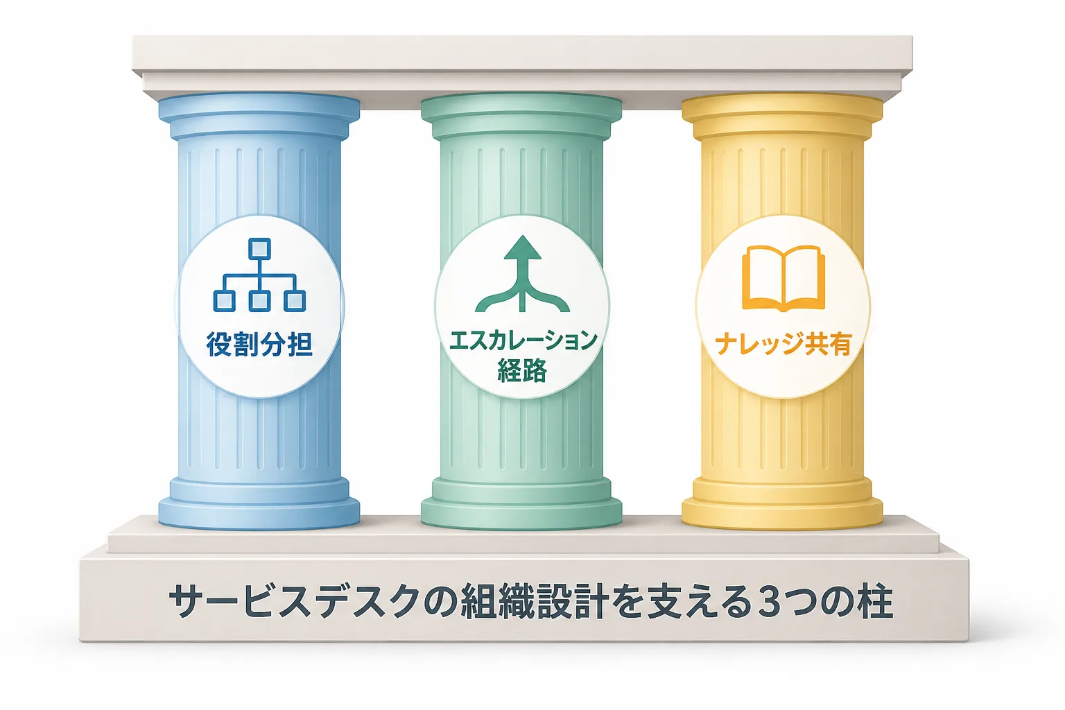 役割分担・エスカレーション経路・ナレッジ共有という3つの柱でサービスデスクの組織設計を支える図解
