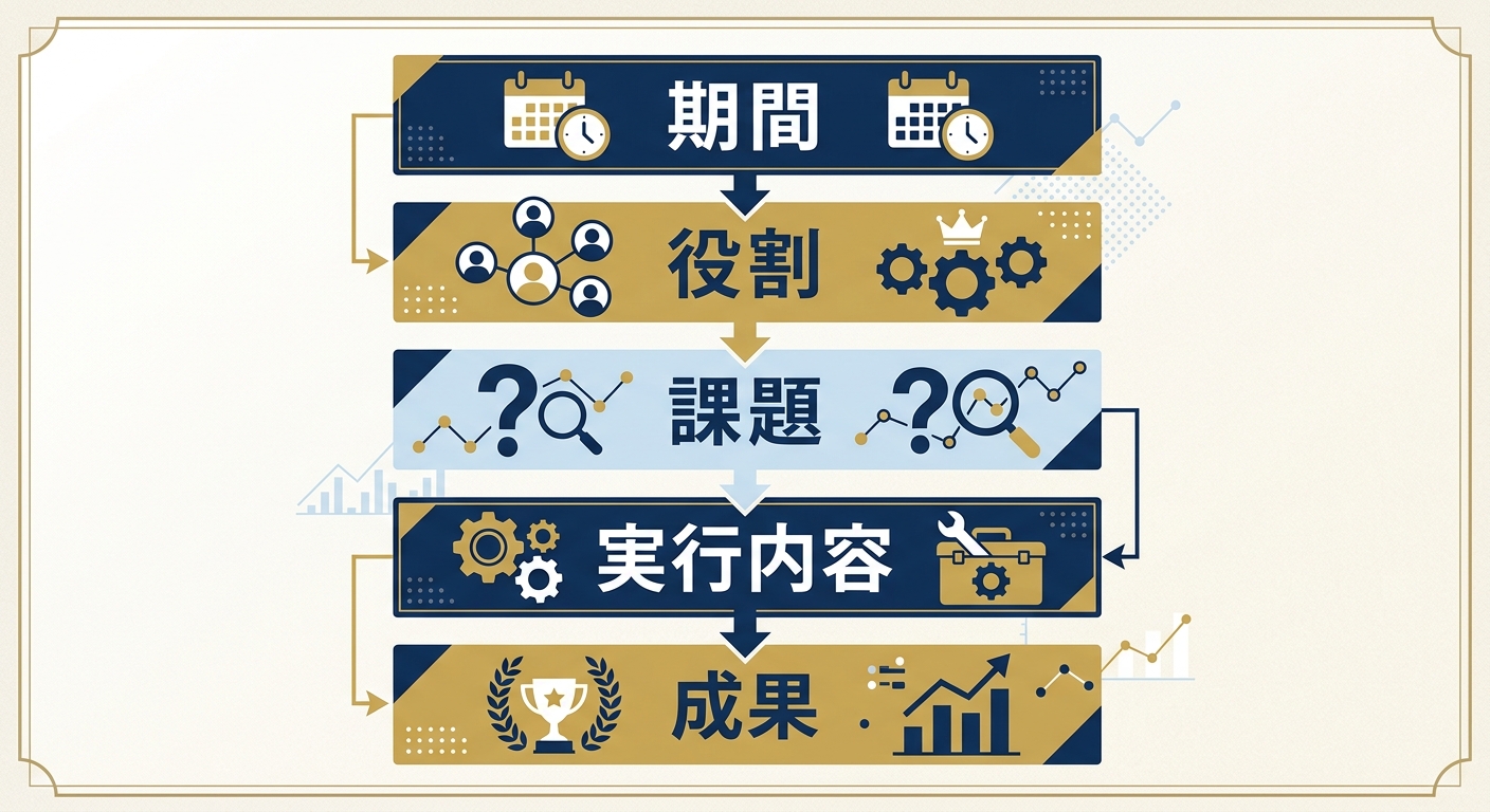 プロジェクト概要テンプレートの5ブロック構成を示すフローイラスト