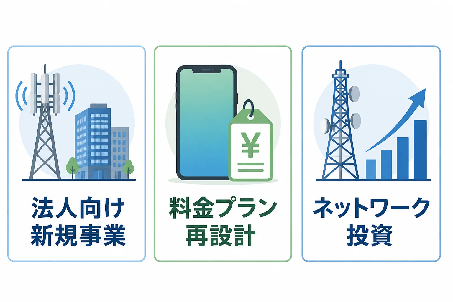 法人向け新規事業、料金プラン再設計、ネットワーク投資という通信キャリアの3つの外注テーマを、アンテナとビル、スマートフォンと値札、鉄塔と棒グラフのアイコンで横並びに示した図解