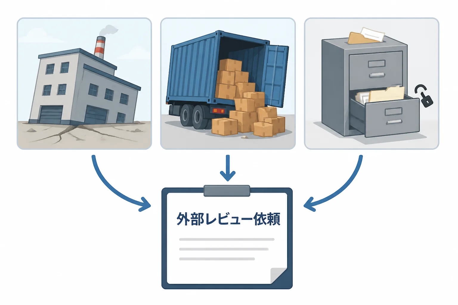 自然災害・供給網寸断・情報漏えいの3つの事象から外部レビュー依頼が生まれる流れを示す図