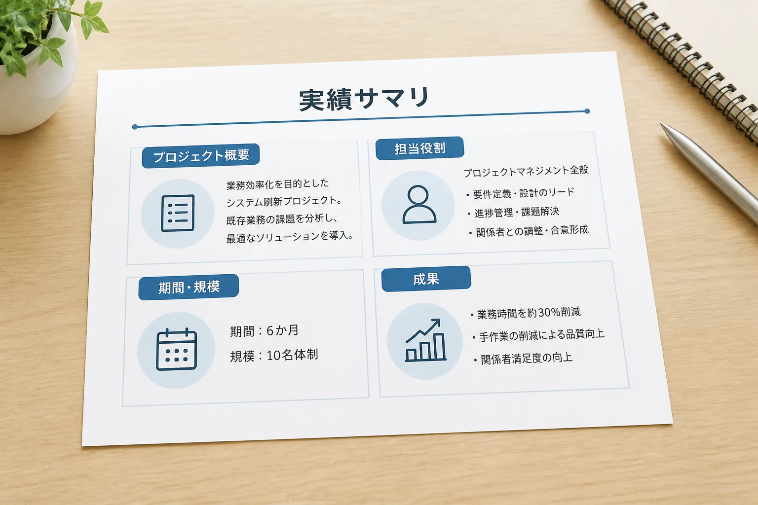 プロジェクト概要・担当役割・期間規模・成果の4項目を示す実績サマリ資料が机に置かれている図解