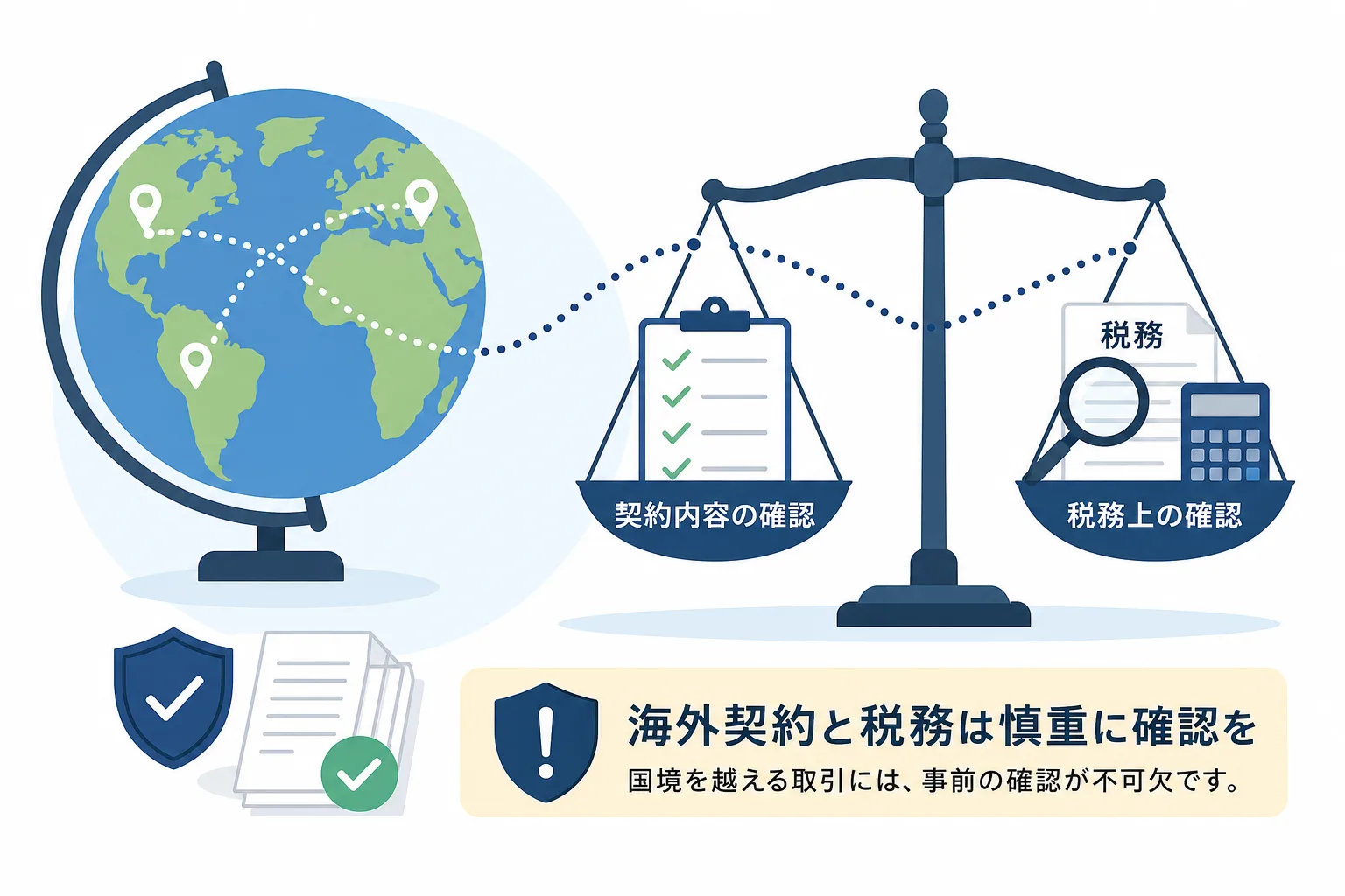 地球儀と天秤で海外契約・税務の慎重な確認を象徴するイラスト
