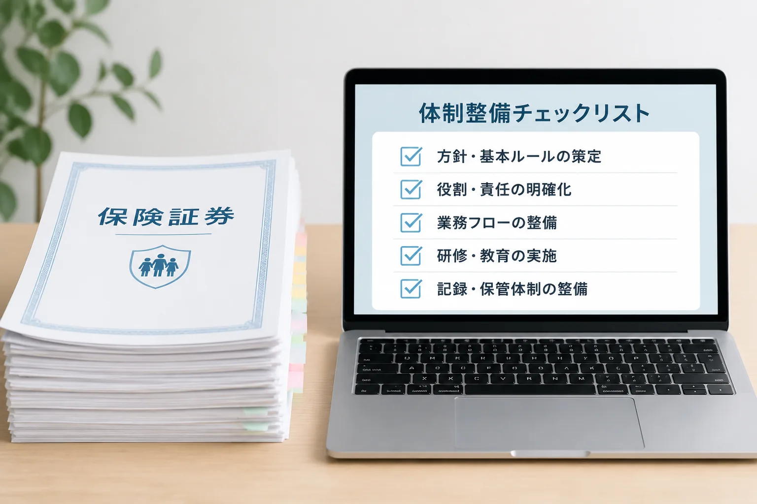保険の契約書類とコンプライアンスチェックリストを並べた体制整備のイメージ