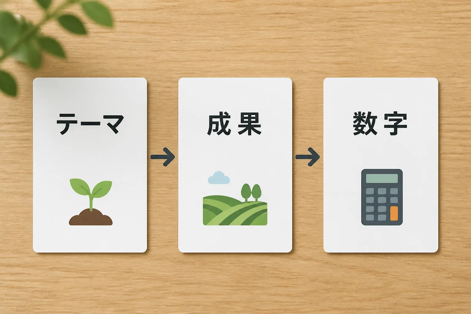 テーマ・成果・数字の3ステップで実績を整理する流れを示す図解。農業コンサルタントが専門性を打ち出す手順のイメージ。