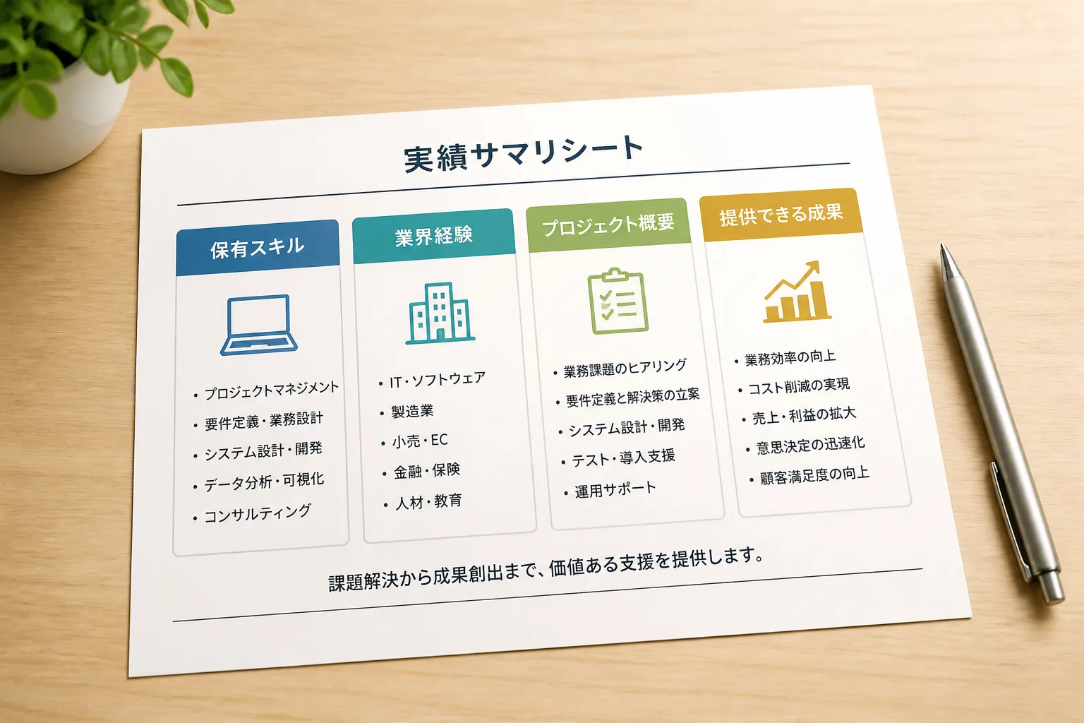 机に置かれた実績サマリシートとペン。提案資料の作り方をイメージした一枚