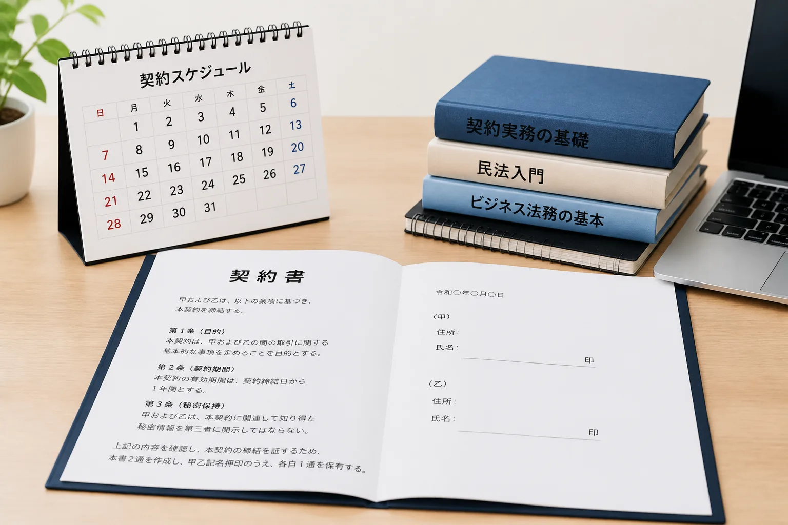 契約書と卓上カレンダー、積み上げられた本とノートパソコンが並ぶ机上の様子