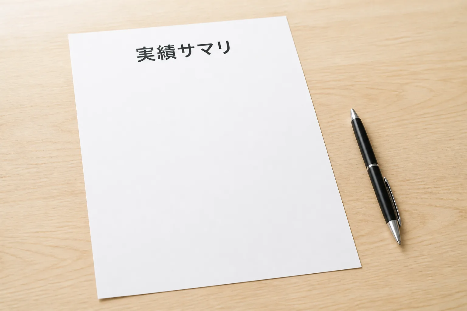 机に置かれた実績サマリ資料とペン。提案資料の作り方をイメージした一枚