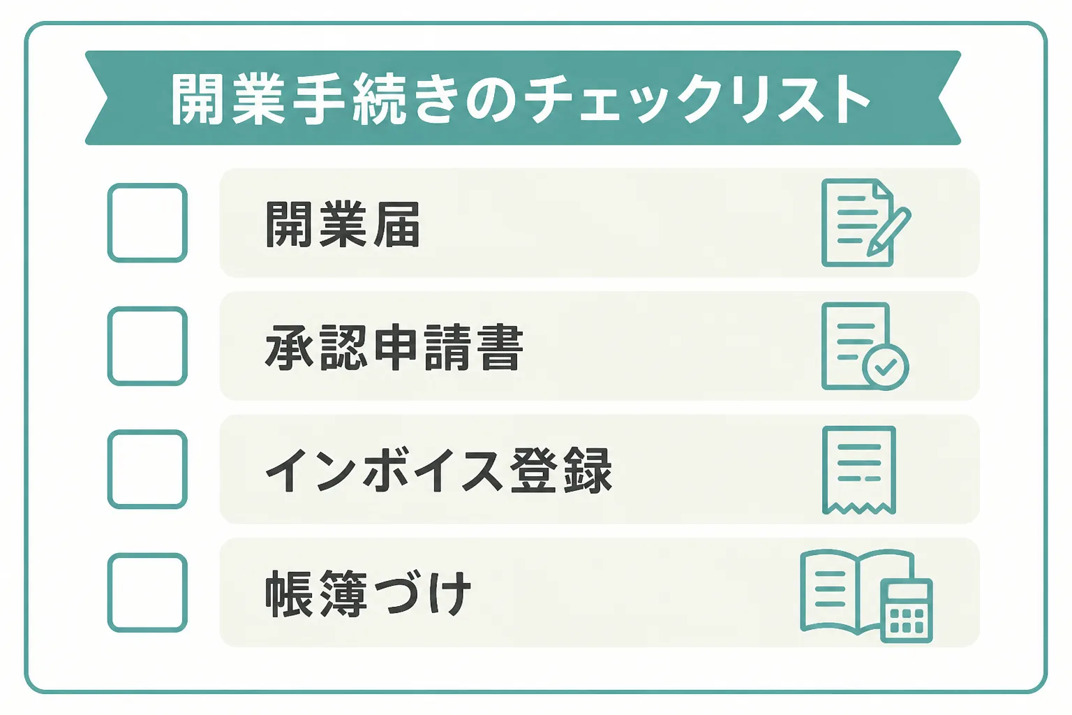 開業手続きのチェックリスト。開業届、青色申告承認申請書、インボイス登録の検討、帳簿づけの4項目