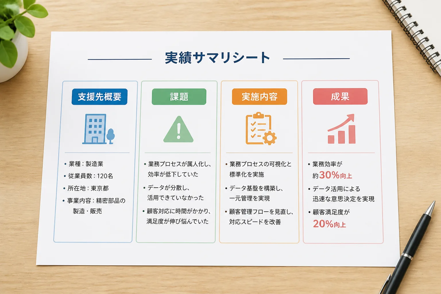 支援先概要・課題・実施内容・成果の4項目に整理された実績サマリシートのイメージ