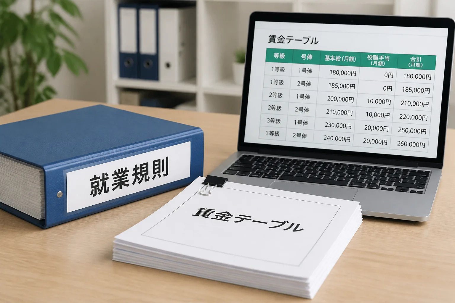 就業規則ファイルと賃金テーブル資料、表計算ソフトの画面が置かれたデスクの様子（人事制度改定プロジェクトのイメージ）