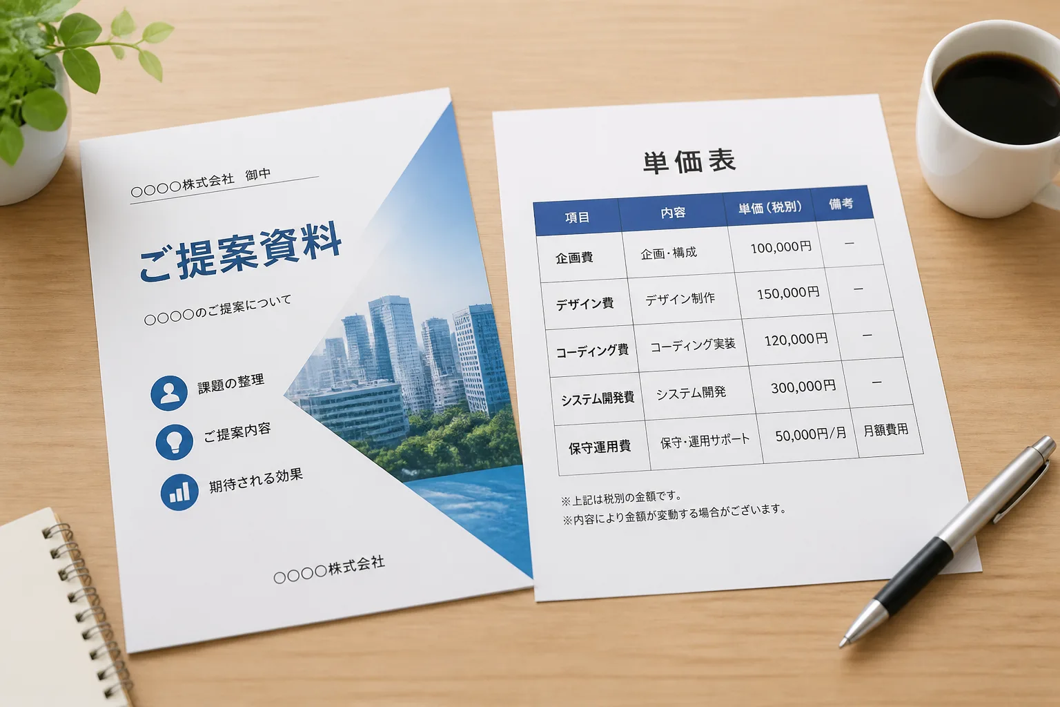 提案資料のページと単価表が並べて置かれた商談前の机上の情景