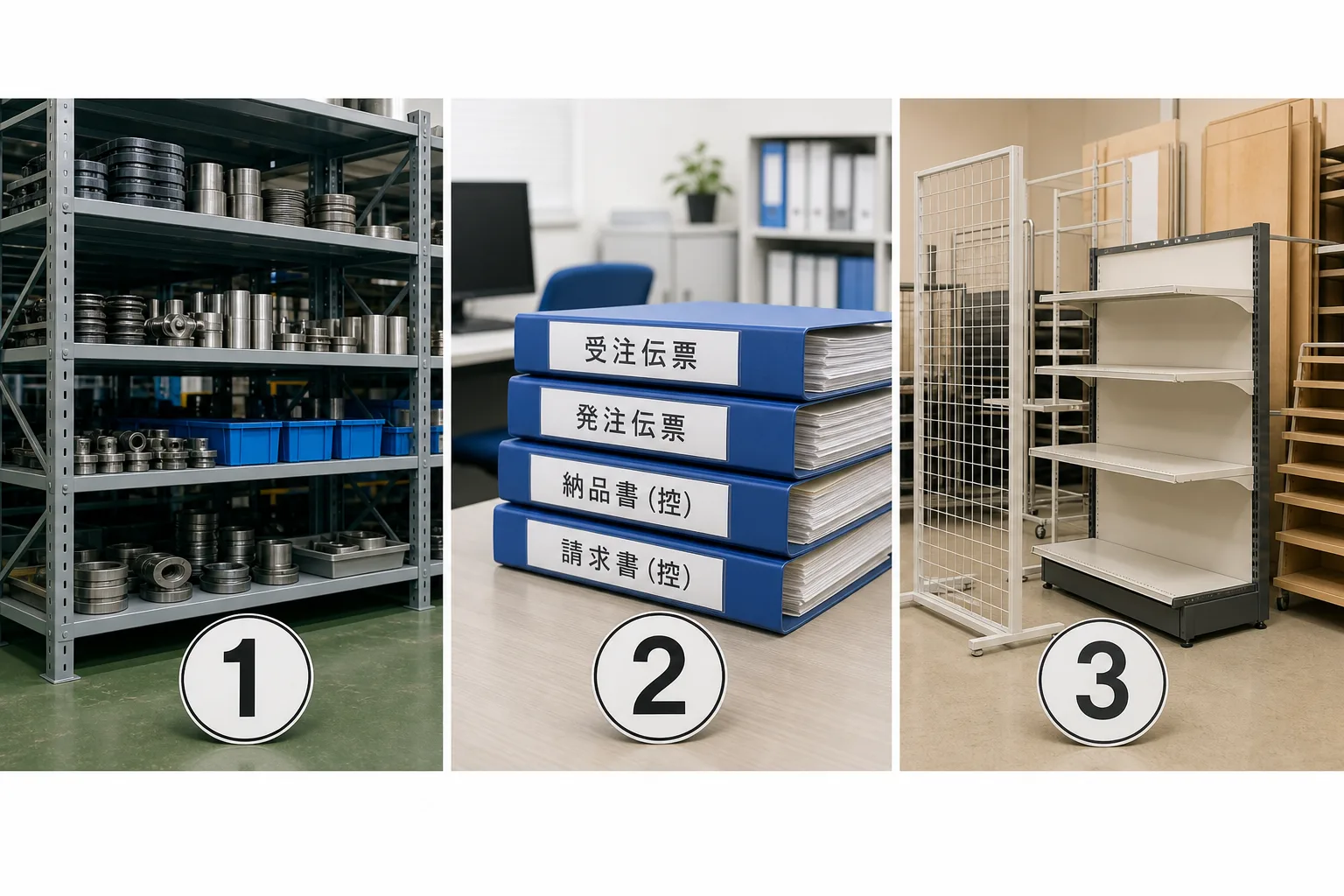 製造業の部材棚・商社の伝票ファイル・小売業の陳列什器を並べて示した業界別調達現場の比較イメージ