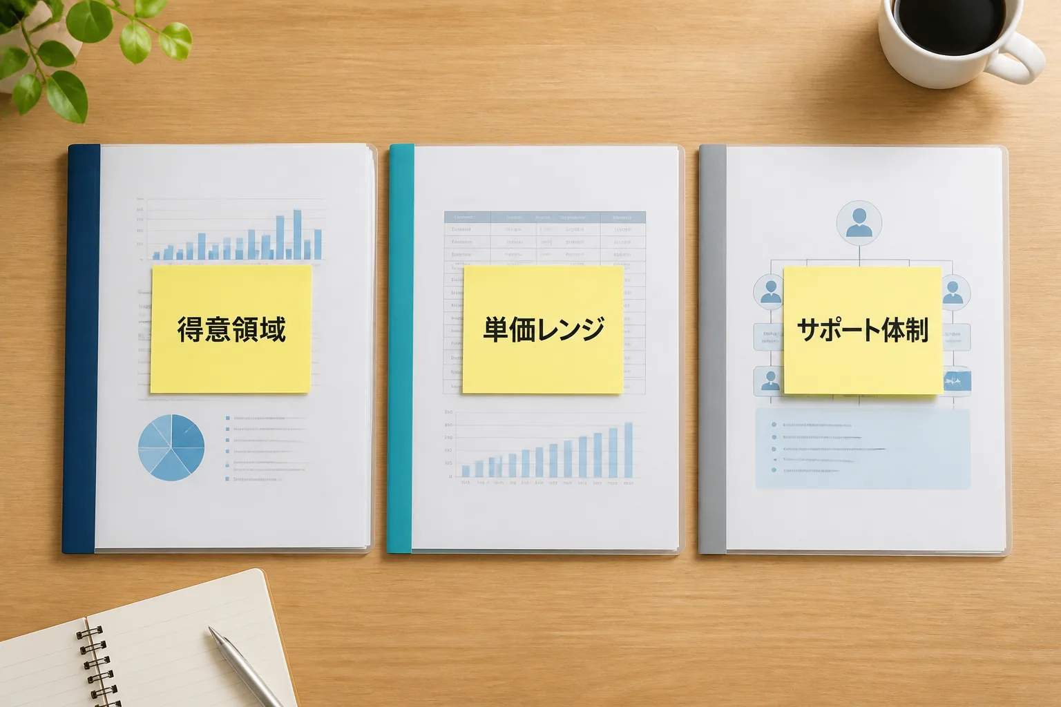 得意領域・単価レンジ・サポート体制の3つの軸で3社の資料を並べて比較している俯瞰図。