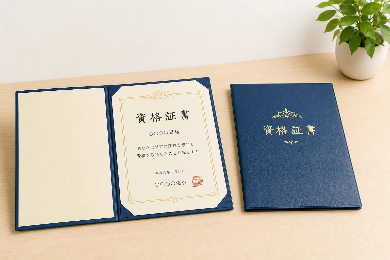 開いた資格証書ファイルと閉じたままのファイルが並ぶ様子。資格有無による受注可能業務の違いを表す図