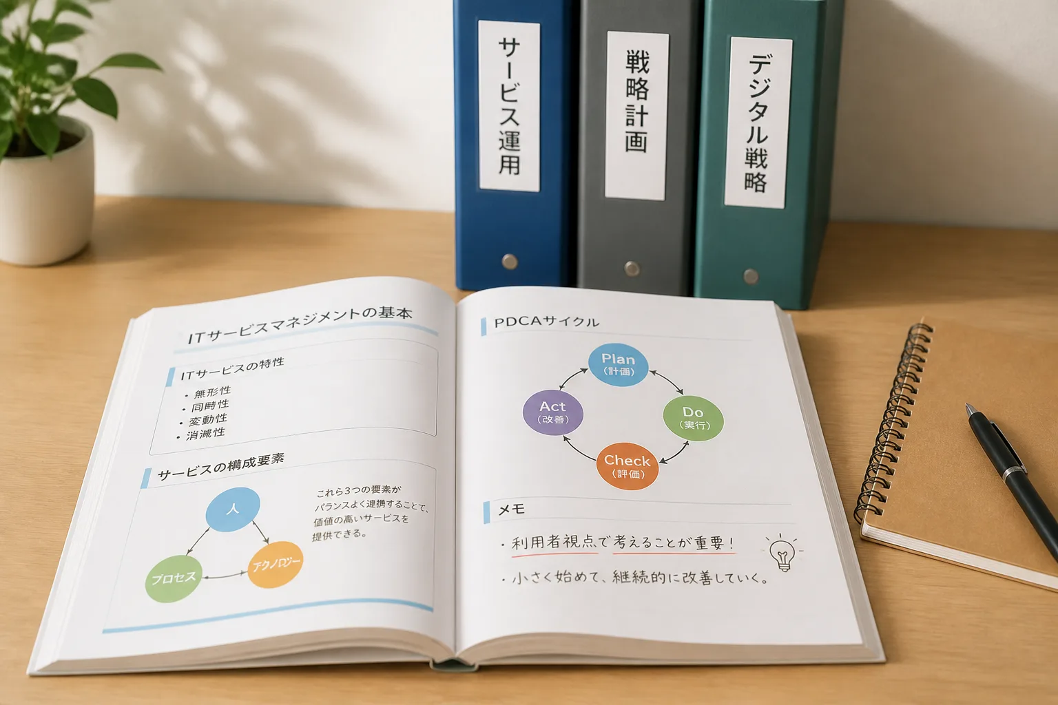 基礎資格の教材と、サービス運用・戦略計画・デジタル戦略に分かれた専門分野の教材が並ぶ様子