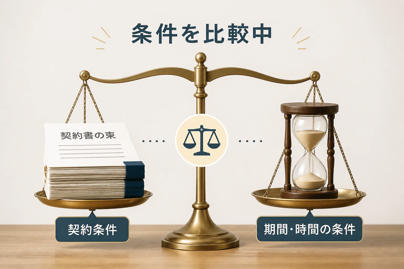 案件単価と稼働条件を比較検討する様子を示す天秤の図解