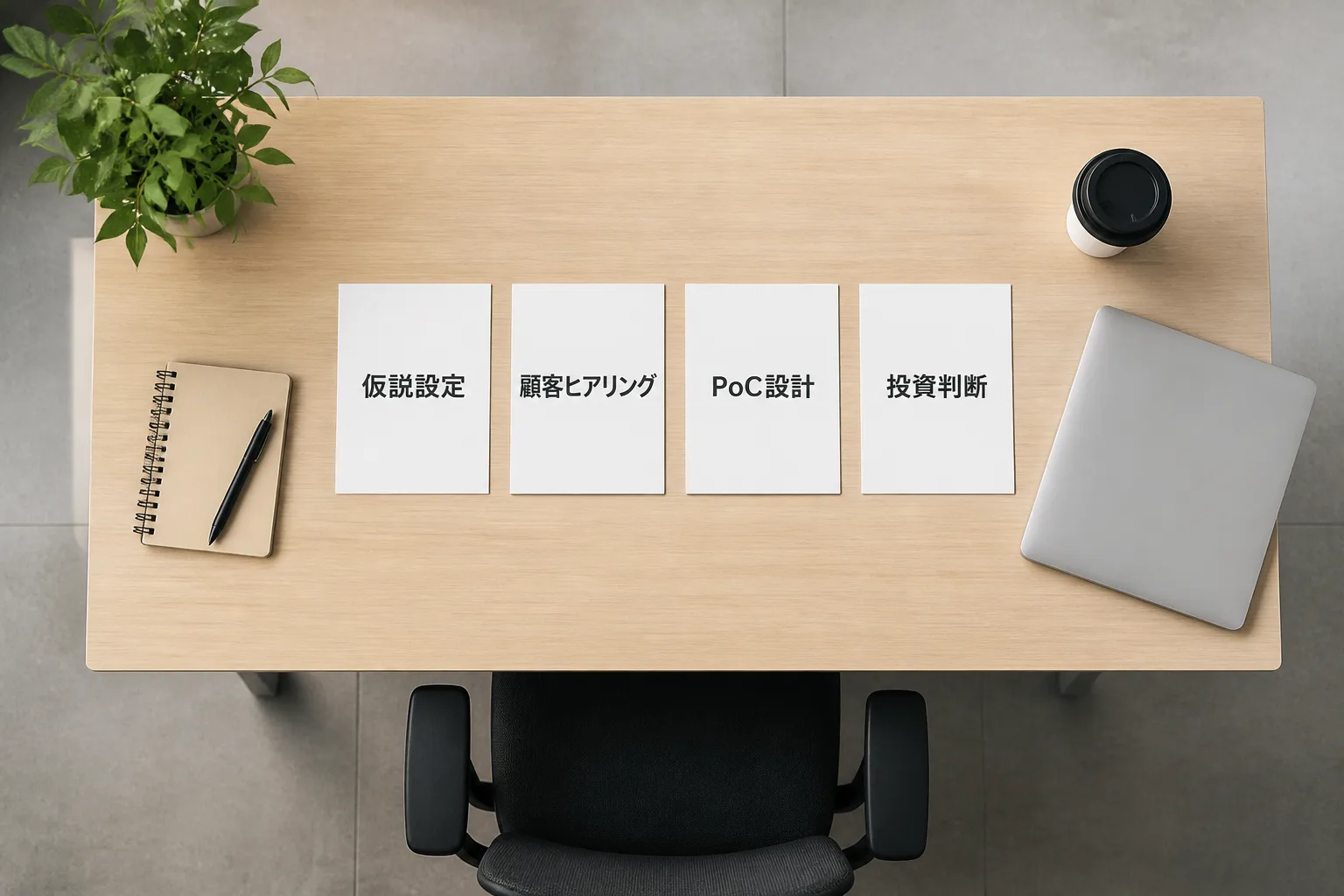仮説設定・顧客ヒアリング・PoC設計・投資判断の4枚のカードが並ぶ様子。新規事業の仮説検証プロセスを表す図解