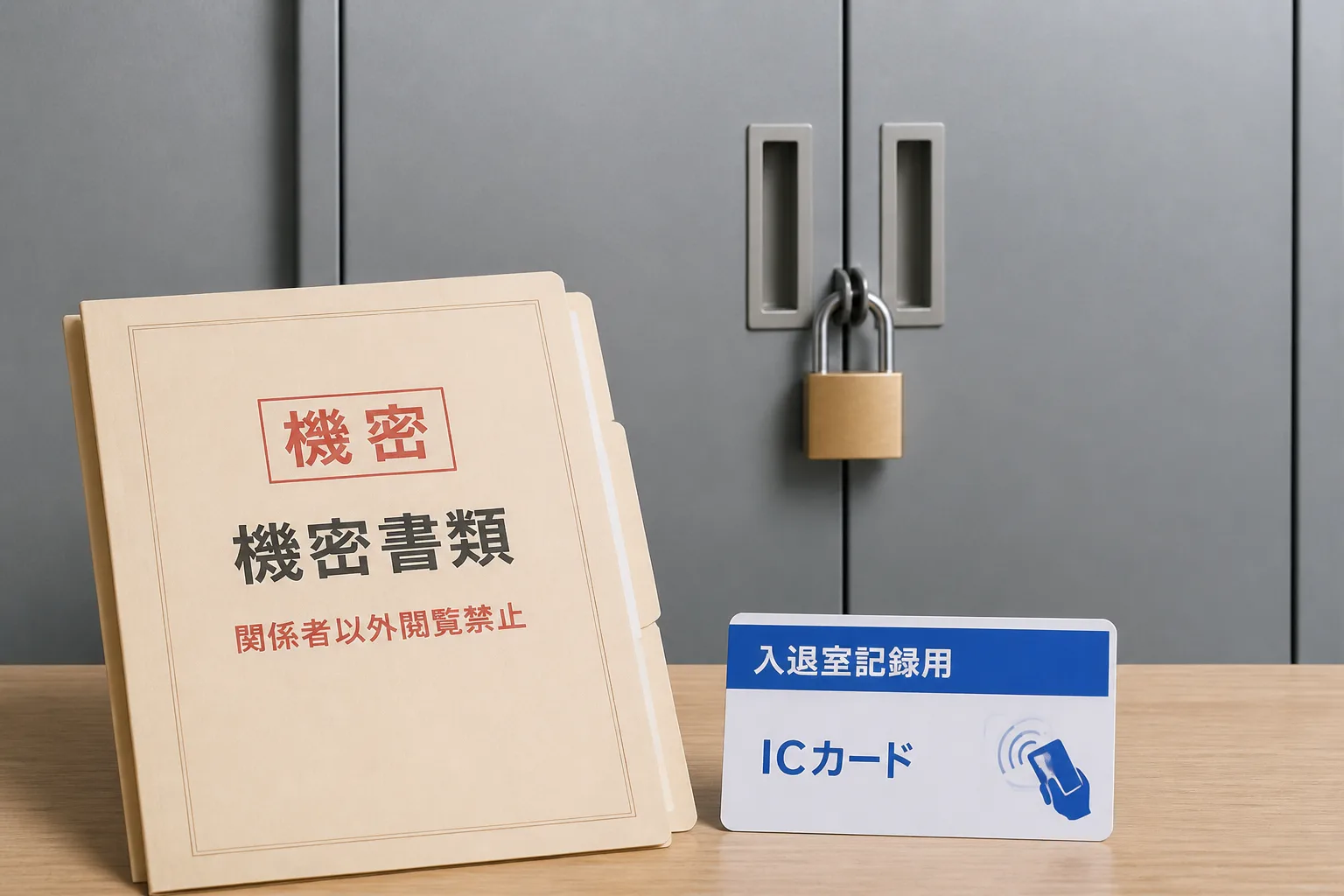 官公庁案件で求められる情報管理体制をイメージした施錠キャビネットと機密書類、ICカード