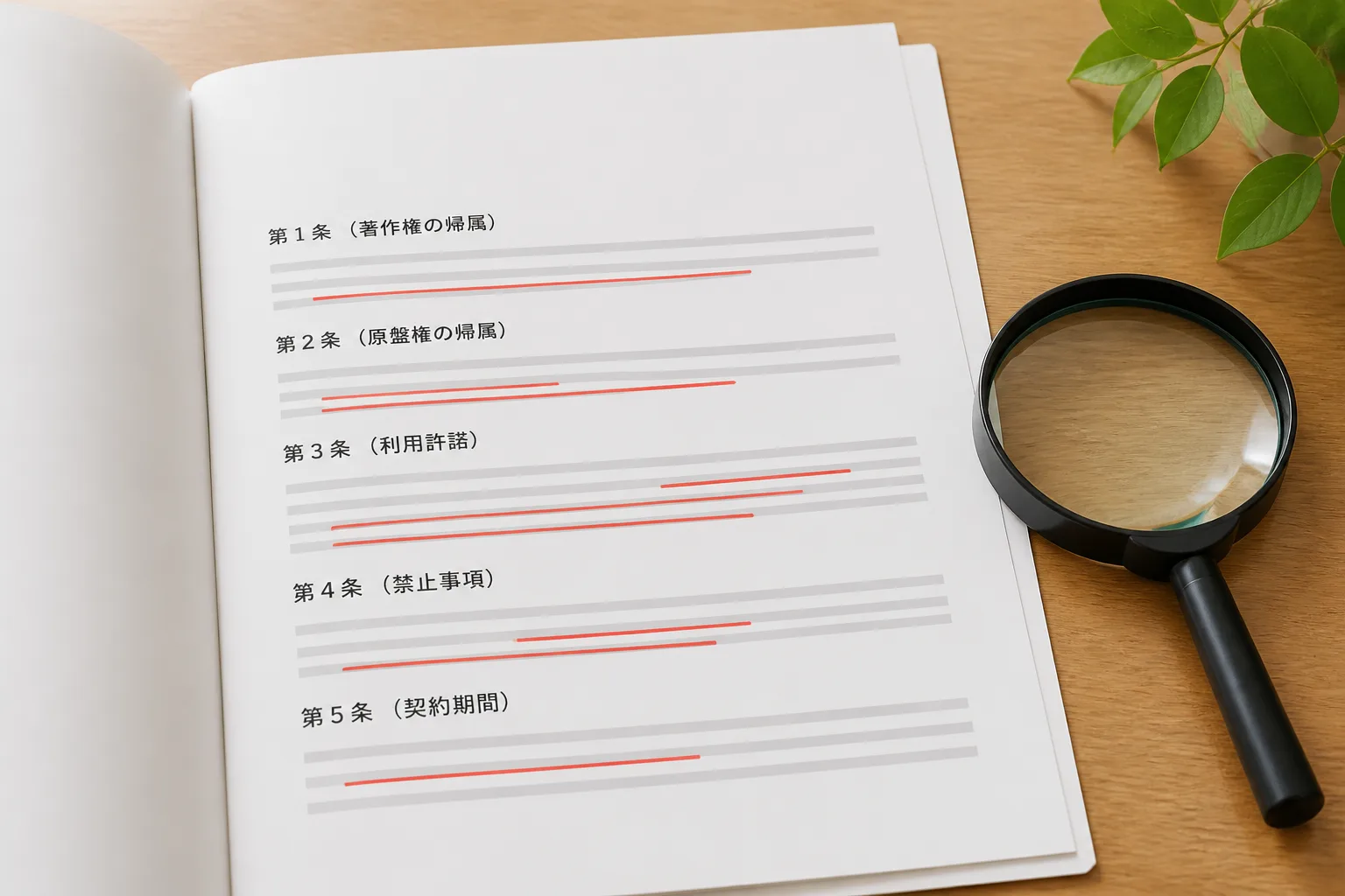 契約書の条文に赤ペンで線を引きながら著作権・原盤権を確認する情景、専門知識が単価に与える影響を表す