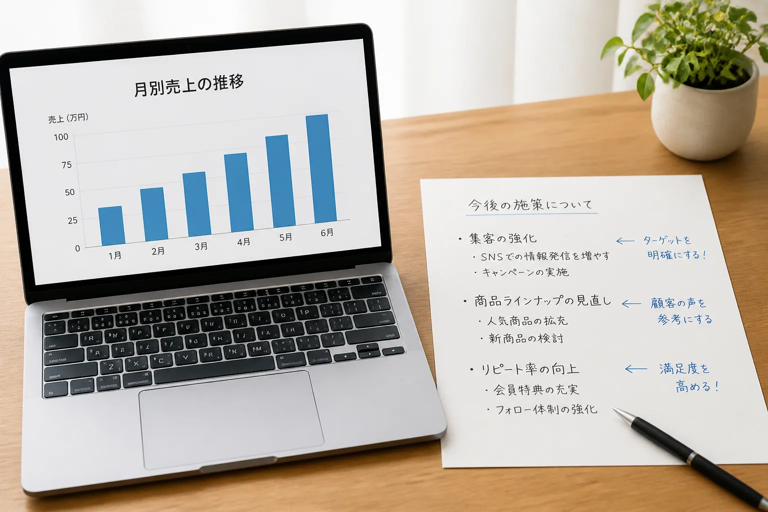 ノートパソコンの画面とメモ資料が並ぶ、クライアント向けの分析資料を検討している情景